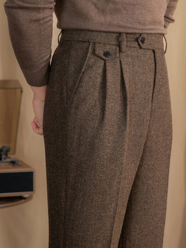 Valentio Wool Blend Herringbone Pleated Pants