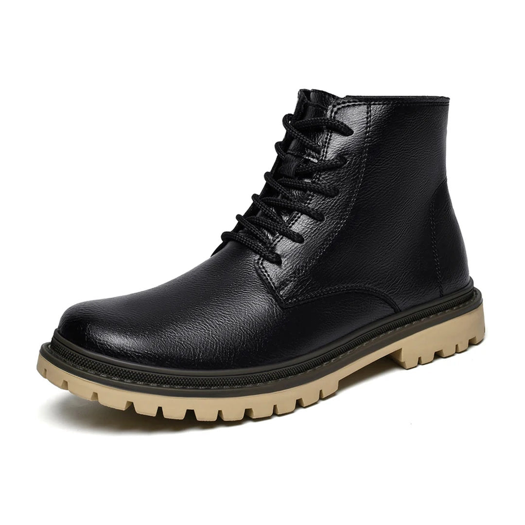 Boone lace-up boot in black, side view with lug sole