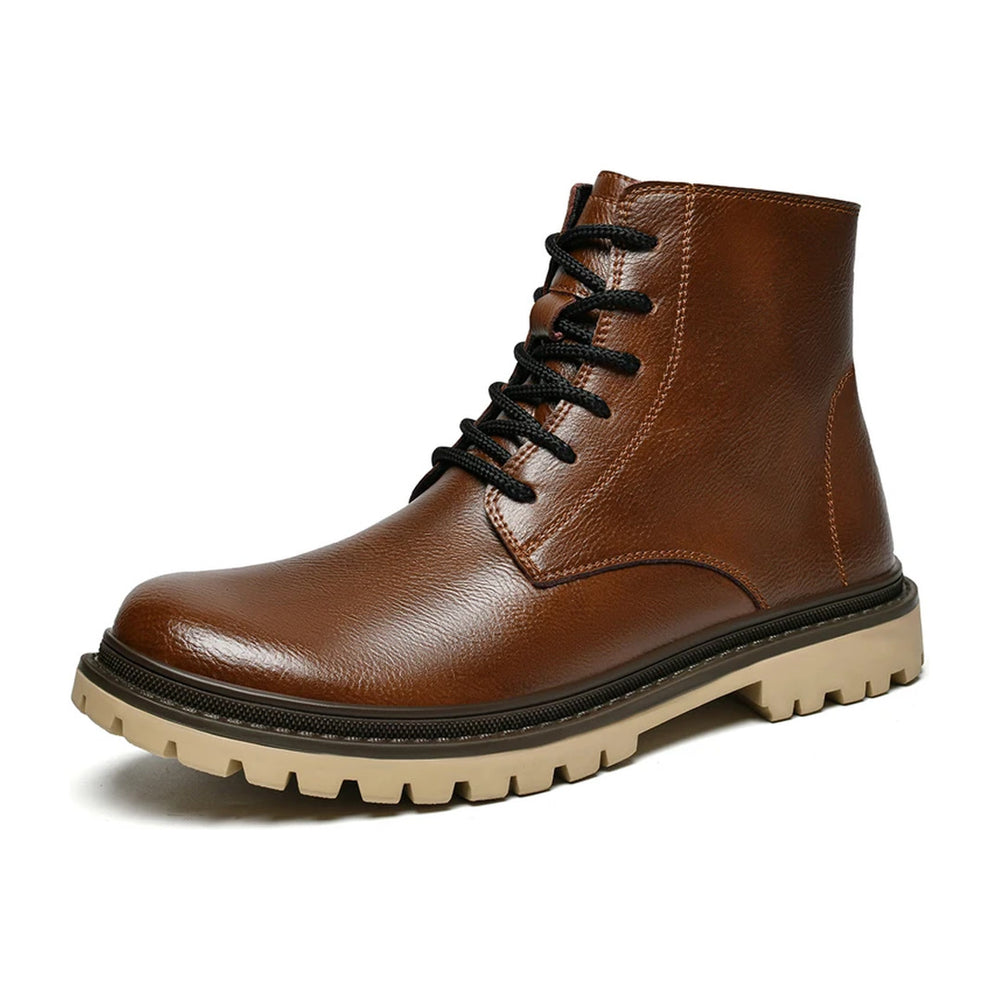 Boone lace-up boot in brown, side view with lug sole