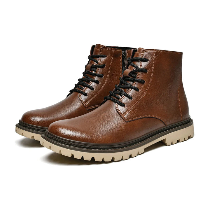 Boone lace-up boots in brown, pair, showing the side zip