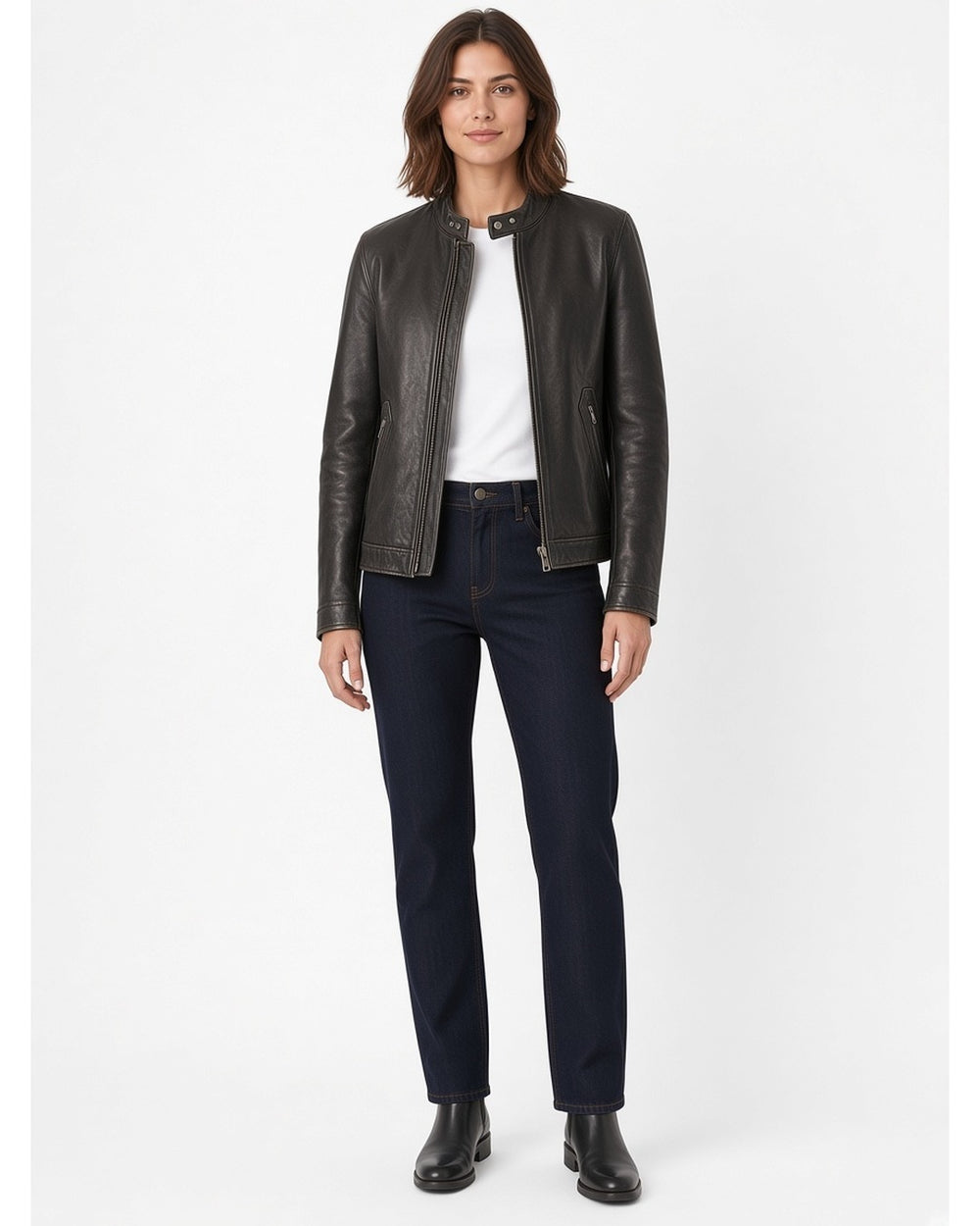 Woman wearing black cowhide stand-collar leather jacket with white tee and dark jeans (illustration)