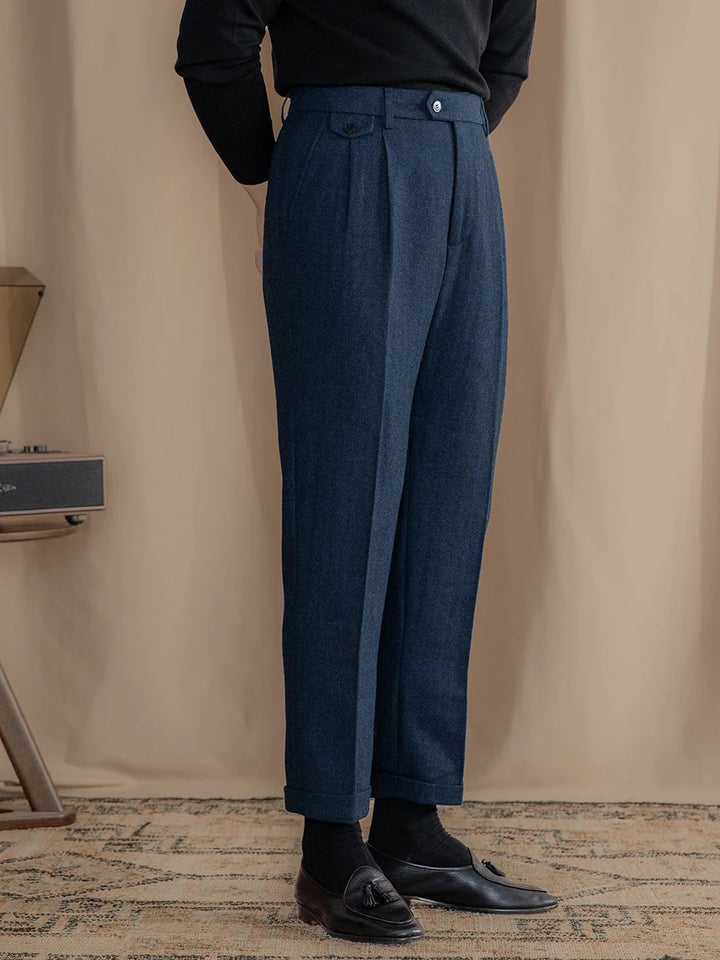 Valentio Wool Blend Herringbone Pleated Pants