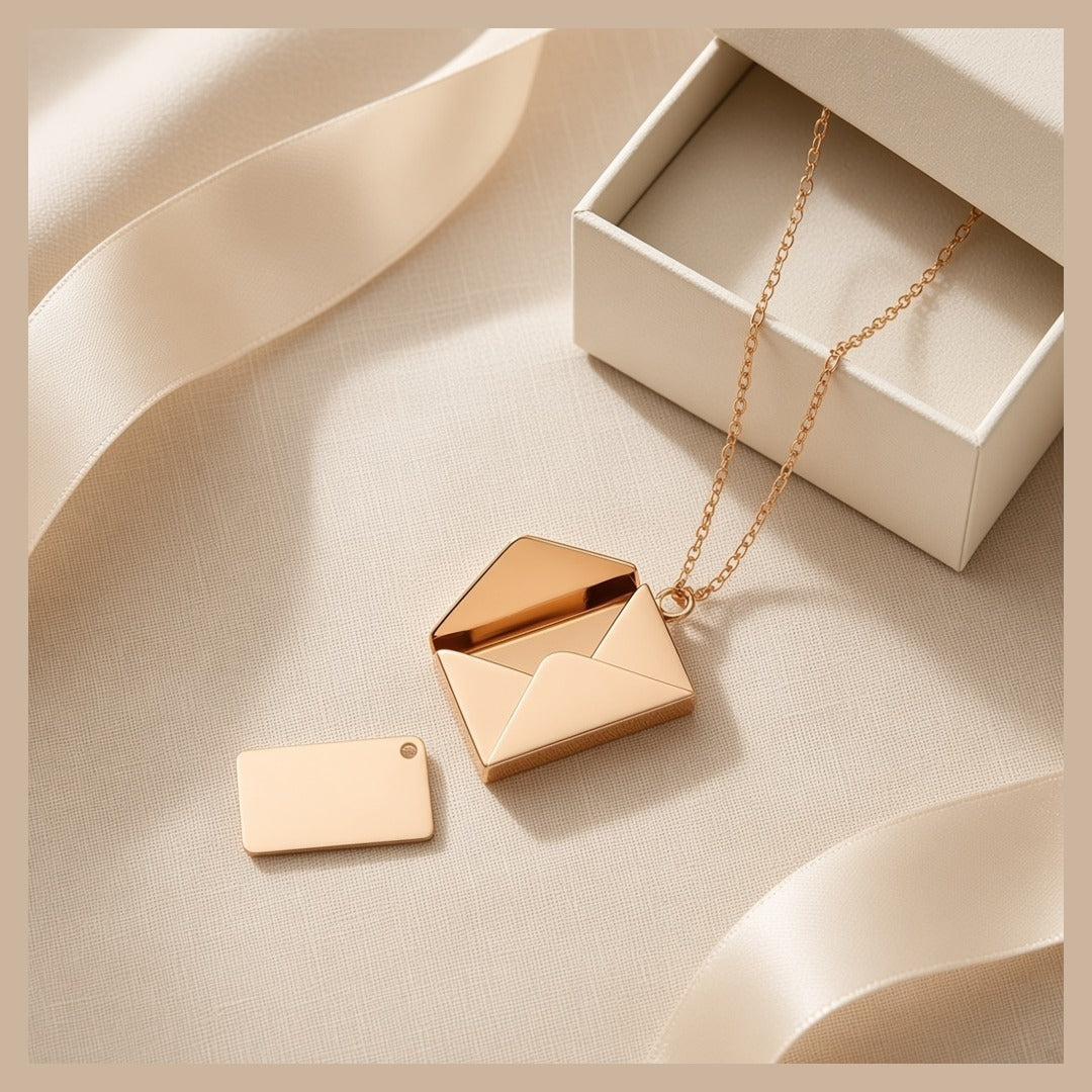 Elodie envelope locket necklace with its card beside a gift box