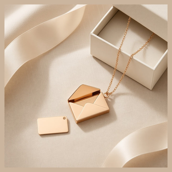 Elodie envelope locket necklace with its card beside a gift box