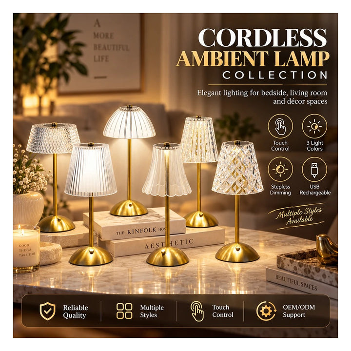 Estelle cordless crystal-cut table lamps glowing on a table