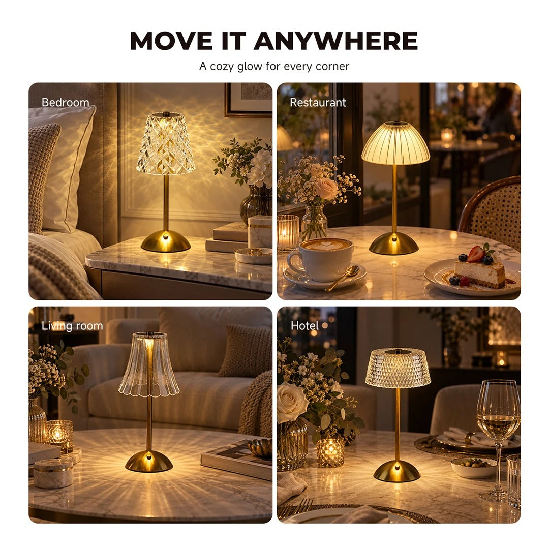 Estelle lamp on a dining table, bedside and shelf