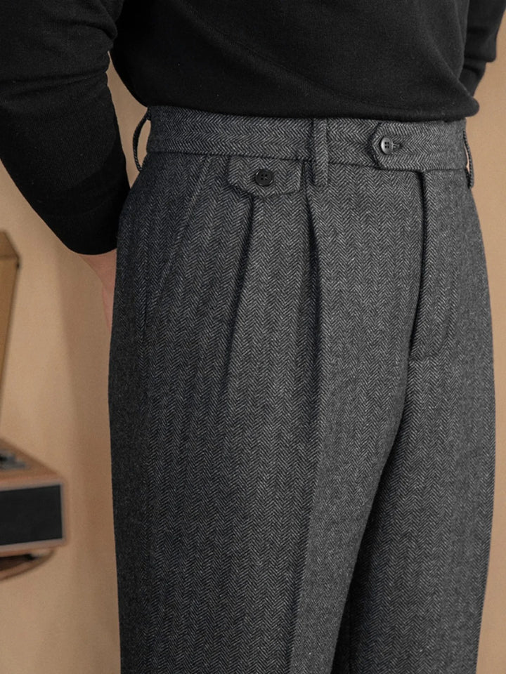 Valentio Wool Blend Herringbone Pleated Pants