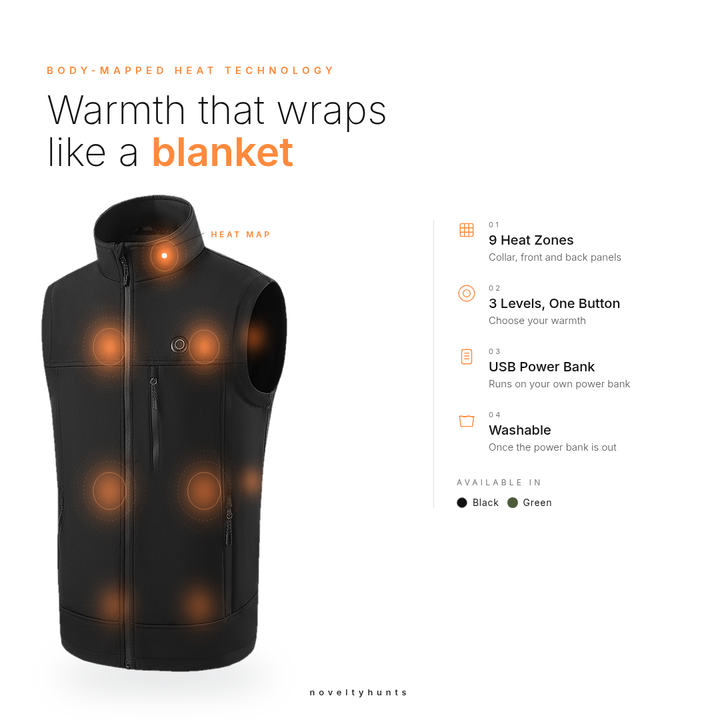 Halden Heated Vest heat technology: 9 heat zones, 3 levels, USB power bank, washable