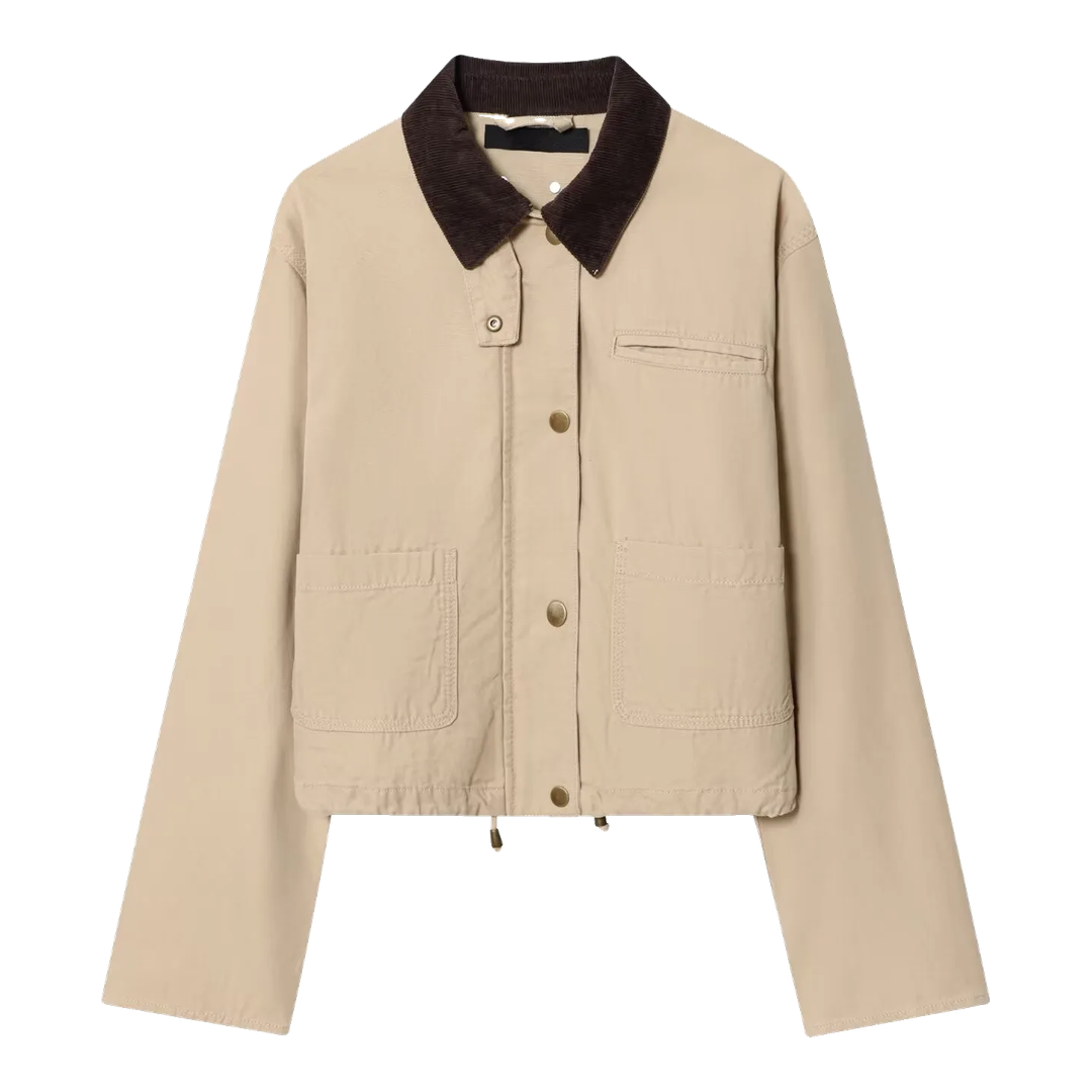 Hollis Cropped Barn Jacket in khaki with brown corduroy collar