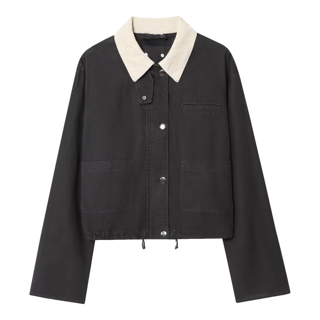 Hollis Cropped Barn Jacket in charcoal with cream collar