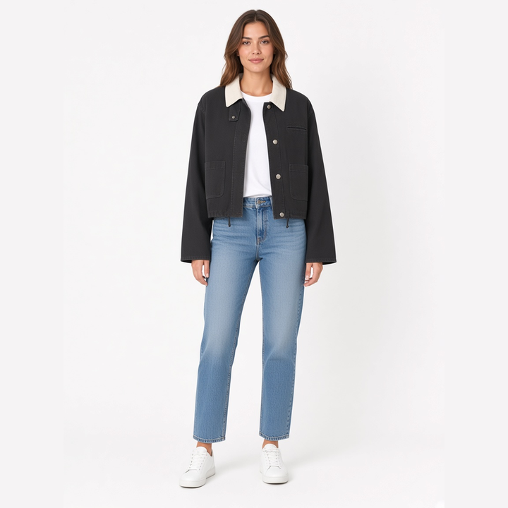 Hollis Cropped Barn Jacket in charcoal, worn open with a tee and jeans
