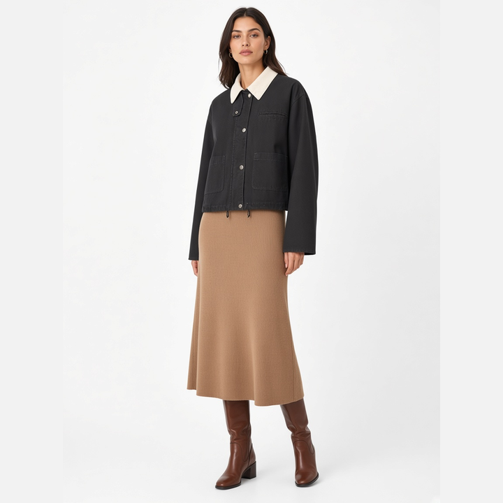Hollis Cropped Barn Jacket in charcoal, worn closed with a knit midi skirt and boots