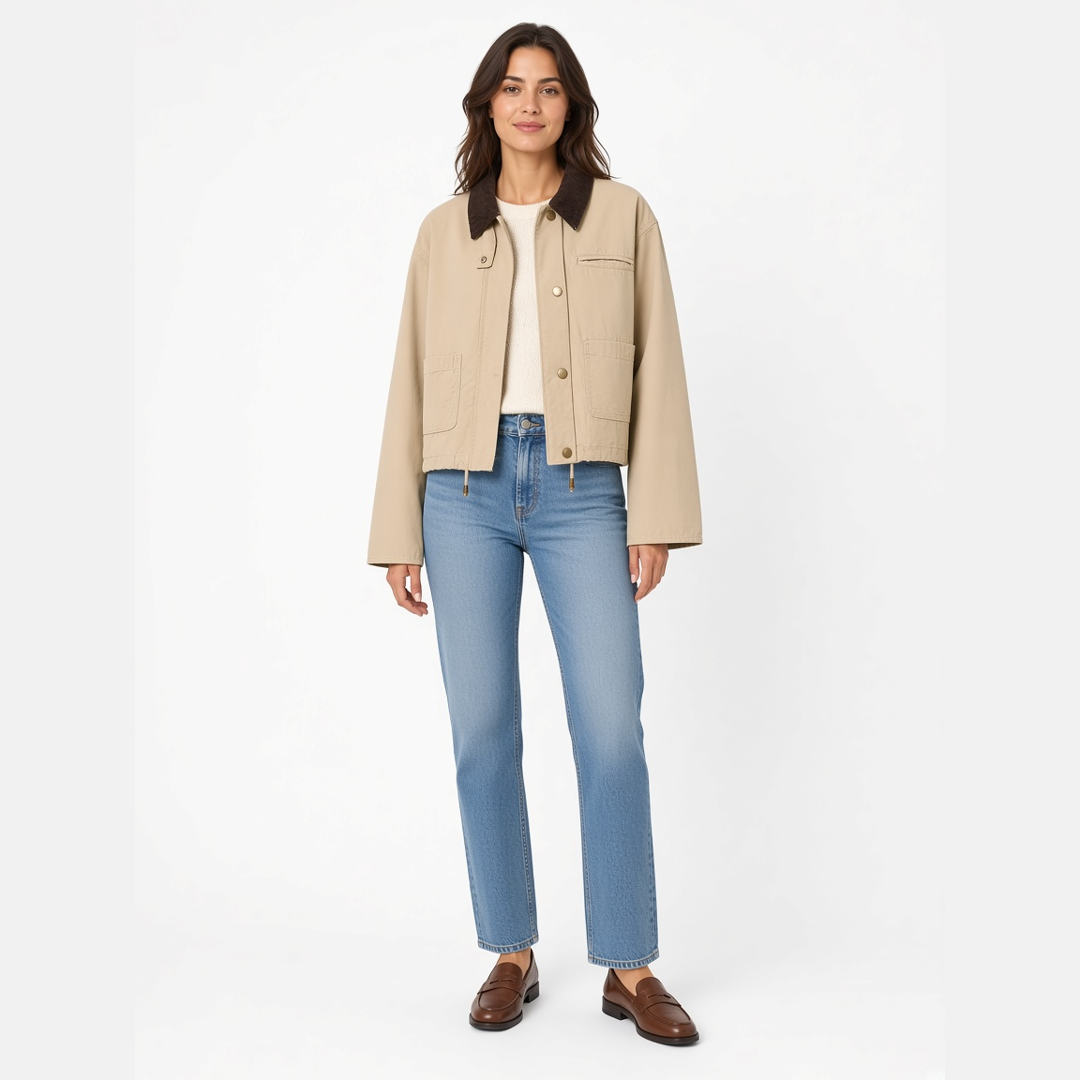 Hollis Cropped Barn Jacket in khaki, worn open with a knit and jeans