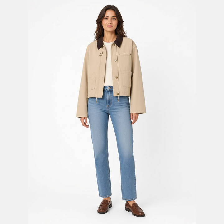 Hollis Cropped Barn Jacket in khaki, worn open with a knit and jeans