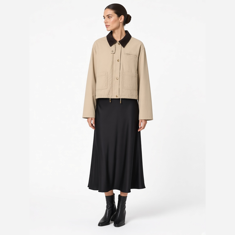 Hollis Cropped Barn Jacket in khaki, worn with a slip skirt and boots