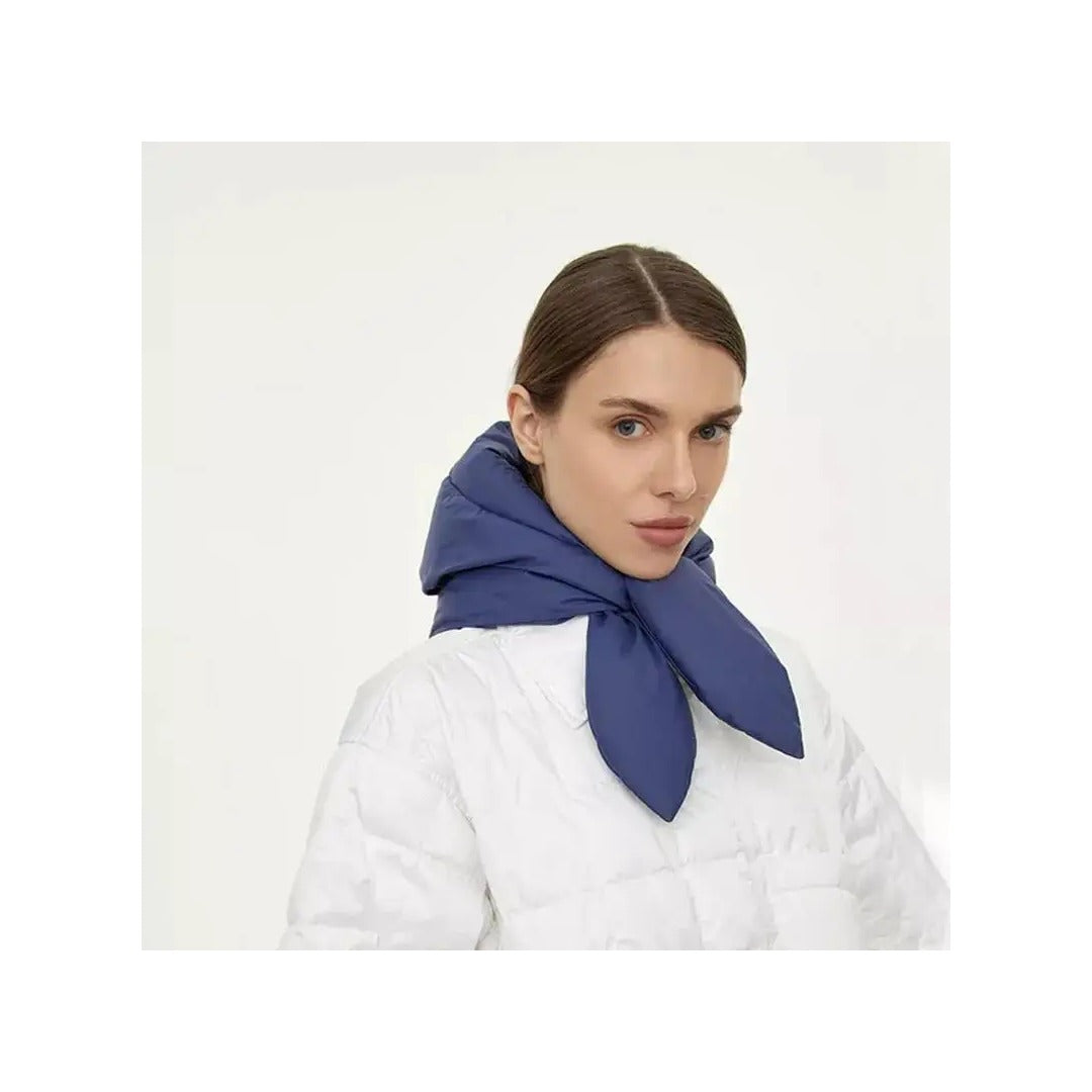 Ingrid Puffer Headscarf in Navy Blue, worn
