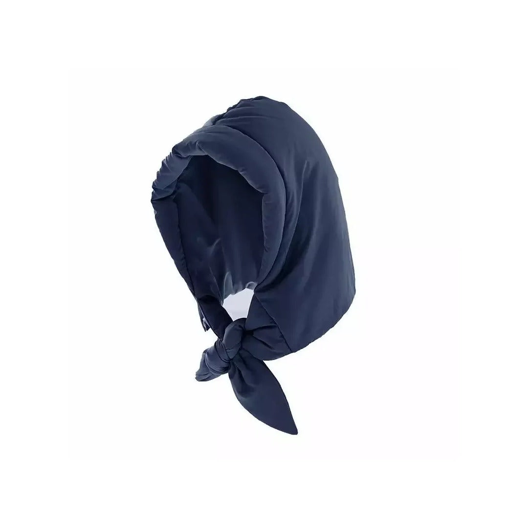 Ingrid Puffer Headscarf in Navy Blue, tied