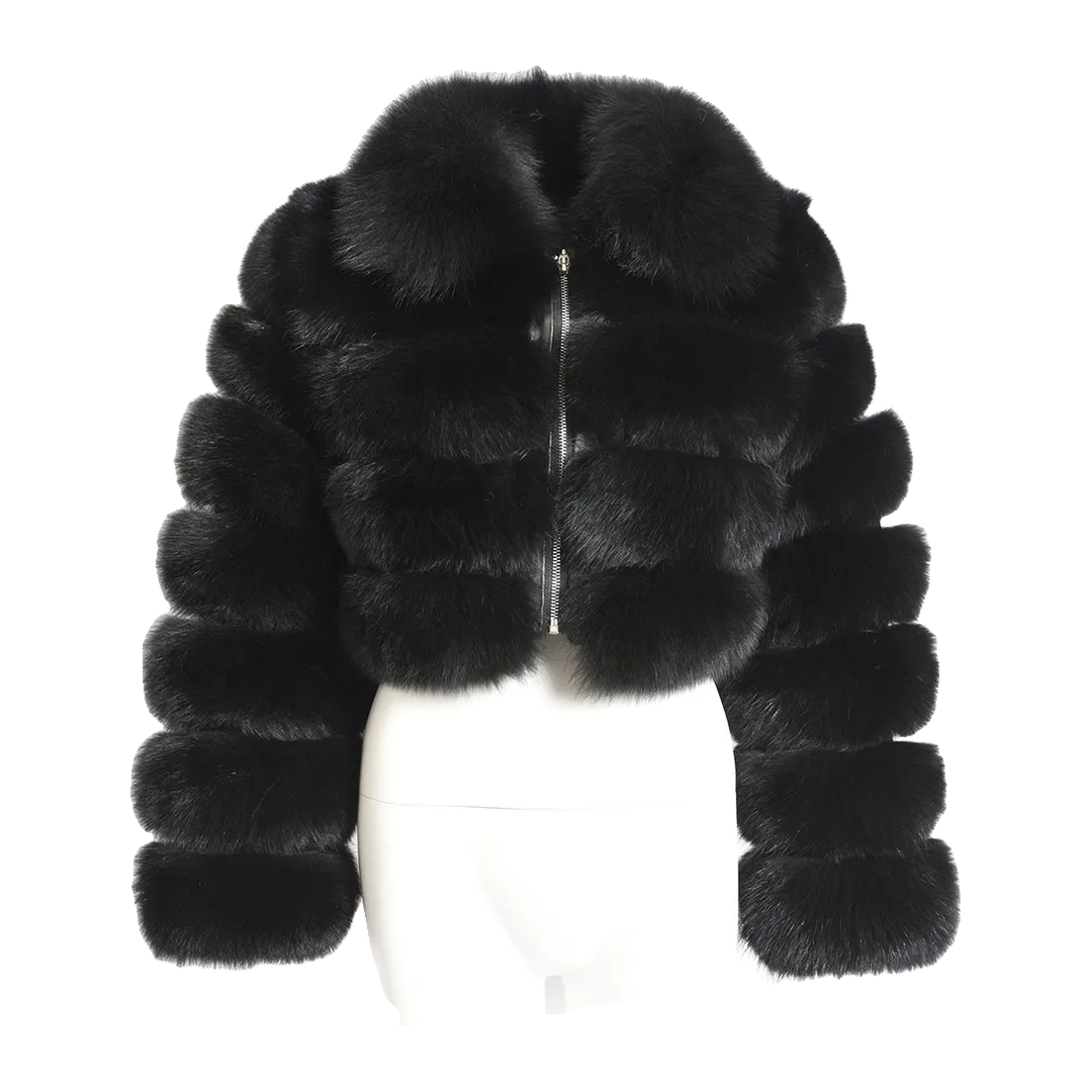 Margot Cropped Faux Fur Jacket, Black (view 1)