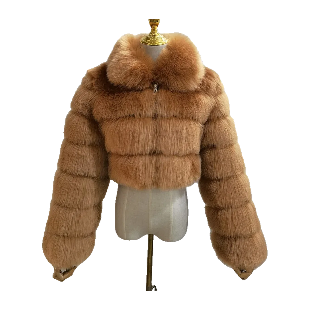 Margot Cropped Faux Fur Jacket, Brown (view 1)