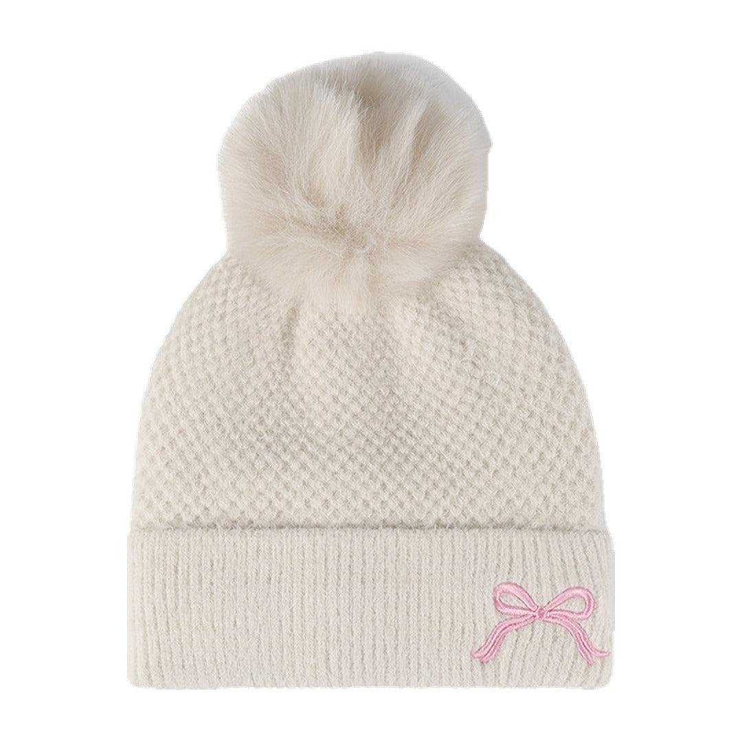 Posy Faux Fur Pom Bow Beanie in Cream