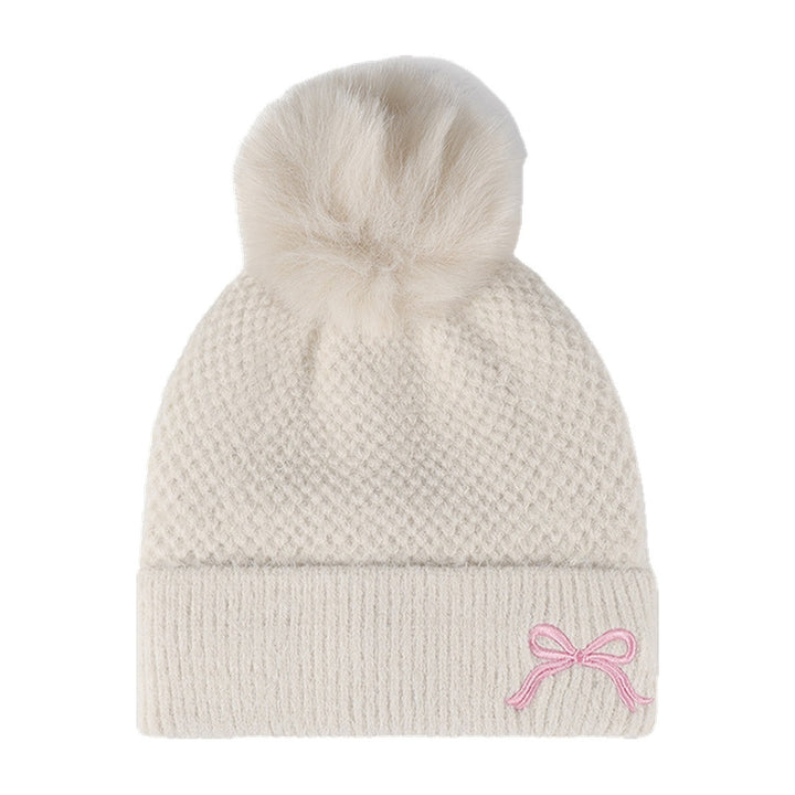 Posy Faux Fur Pom Bow Beanie in Cream