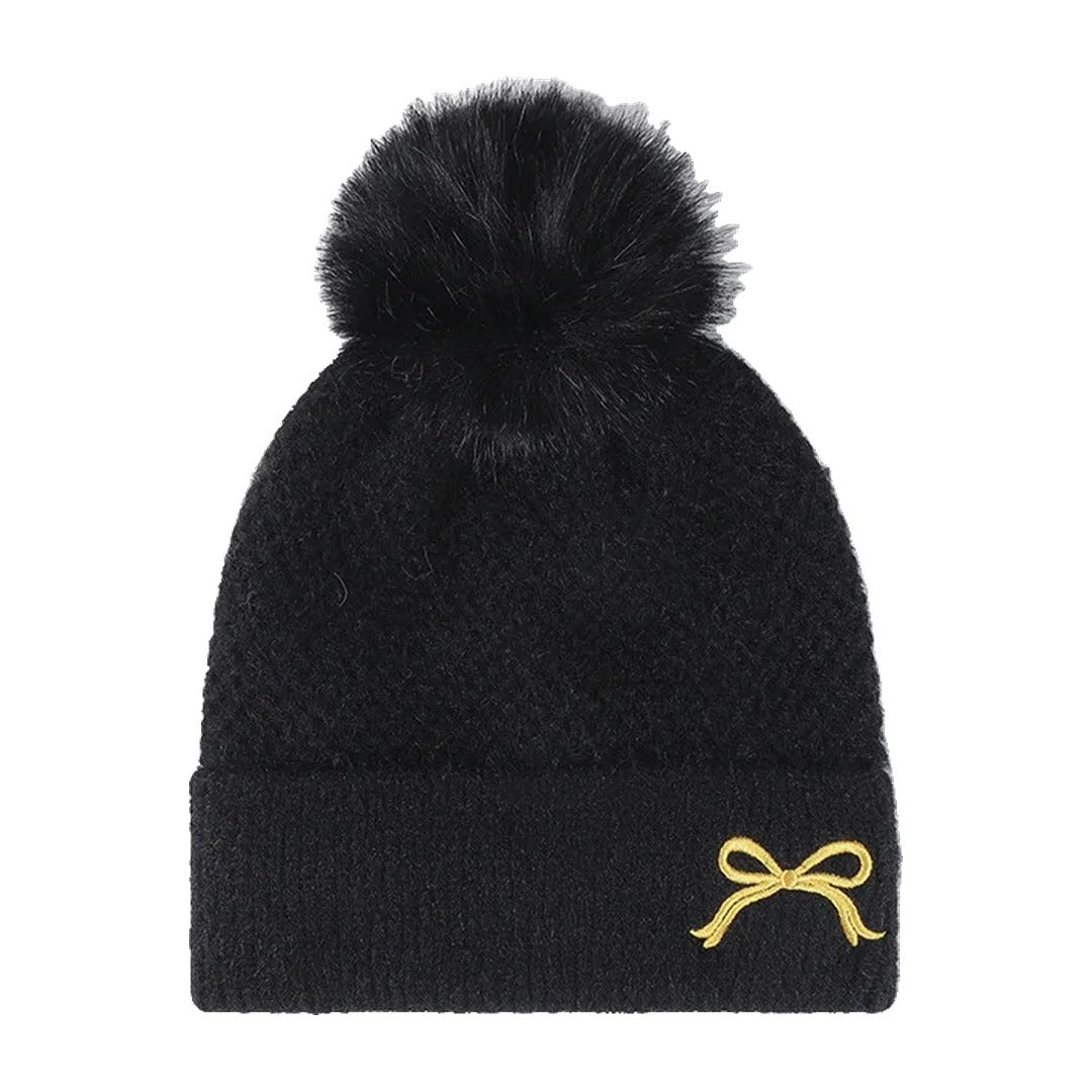 Posy Faux Fur Pom Bow Beanie in Black