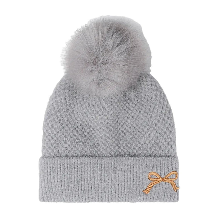 Posy Faux Fur Pom Bow Beanie in Grey