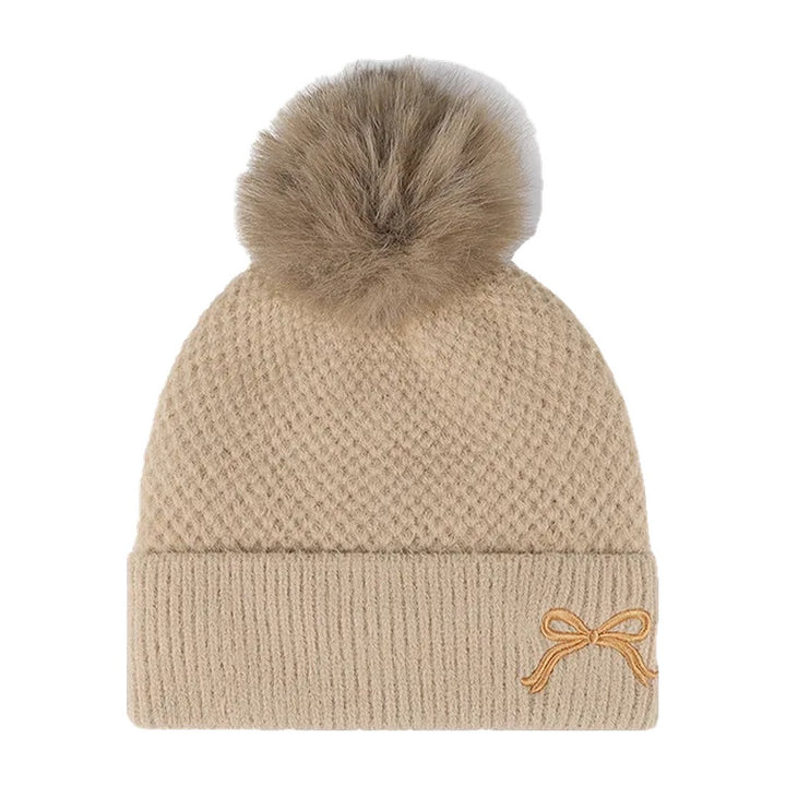 Posy Faux Fur Pom Bow Beanie in Camel