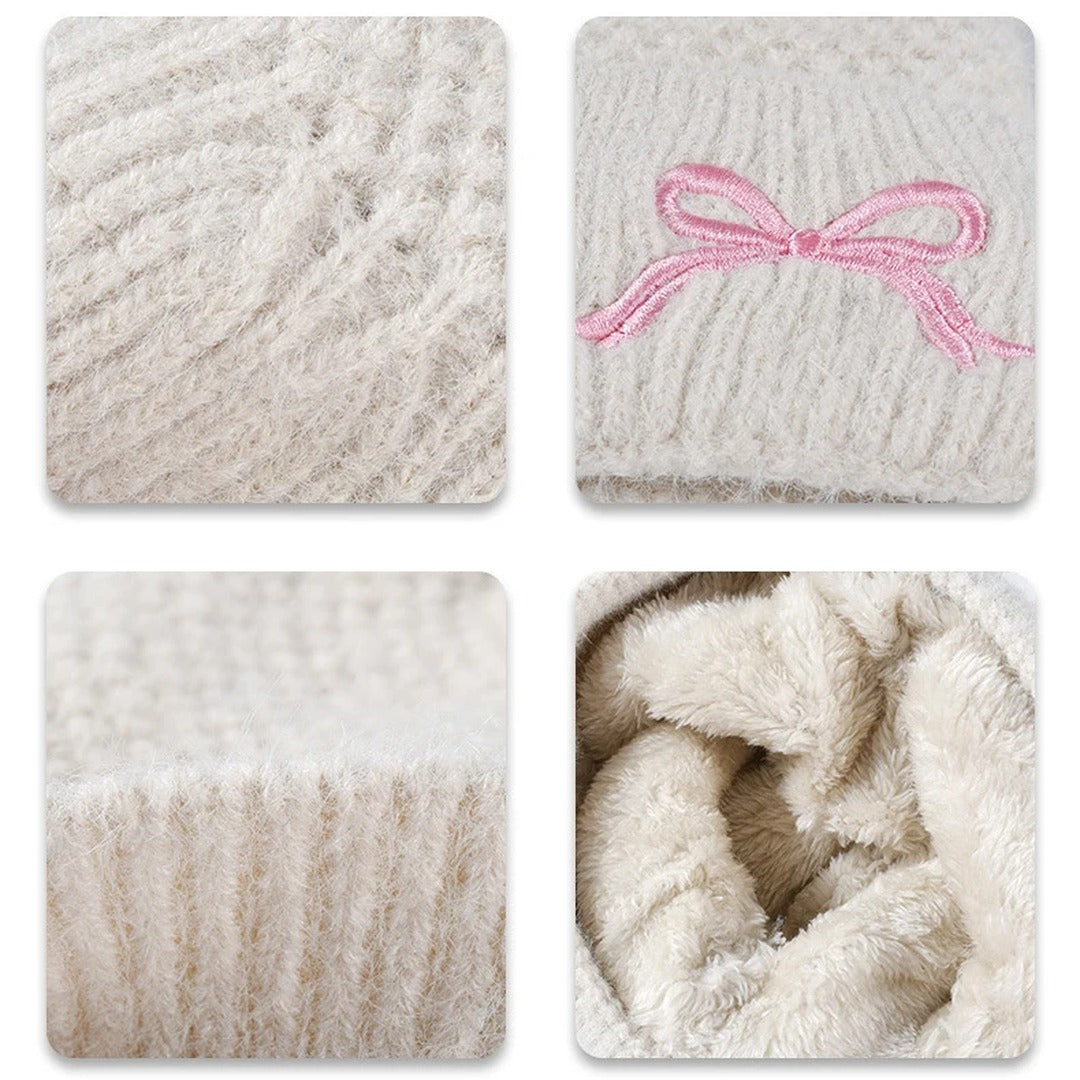 Posy beanie knit, bow and lining close-ups